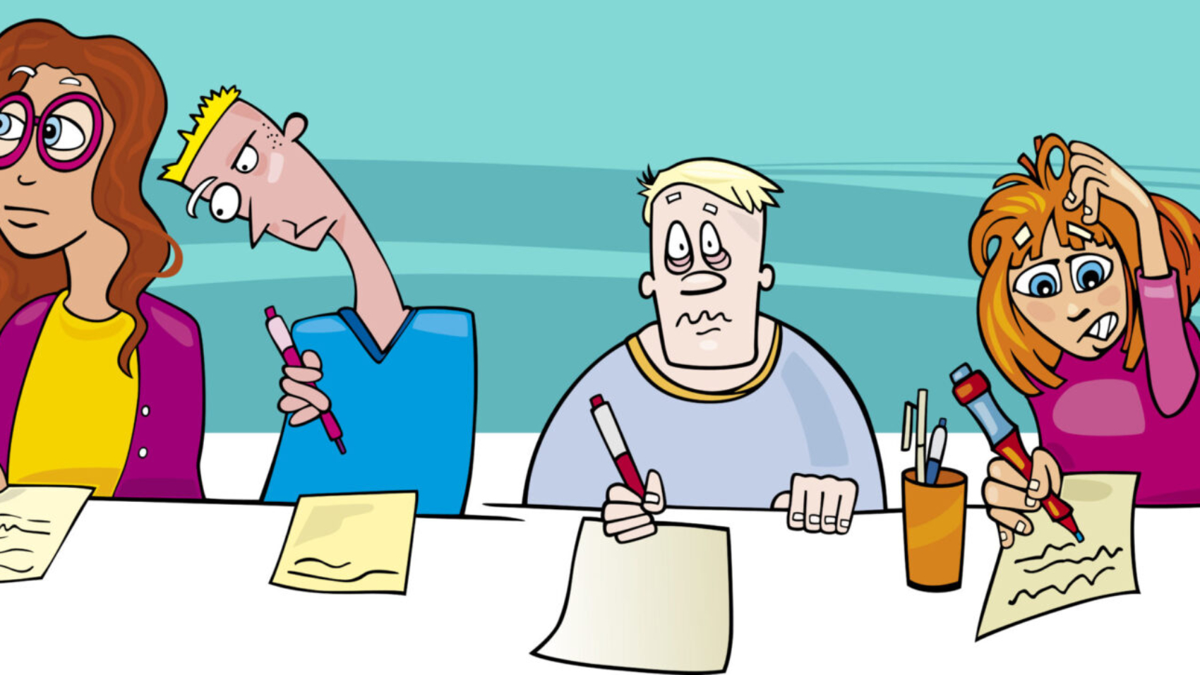 Cartoon Illustration of Pupils writing Difficult Test or Exam